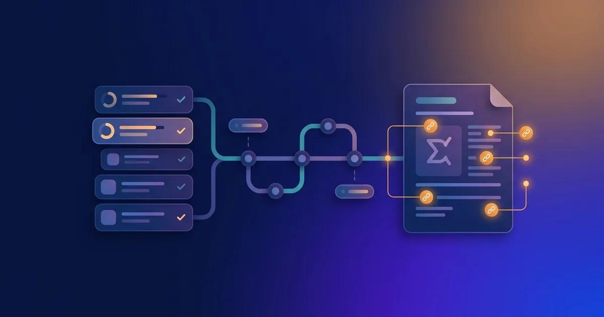 A performance review draft with each line connected by citation lines to Asana project, task, and milestone icons for a marketing or ops team.
