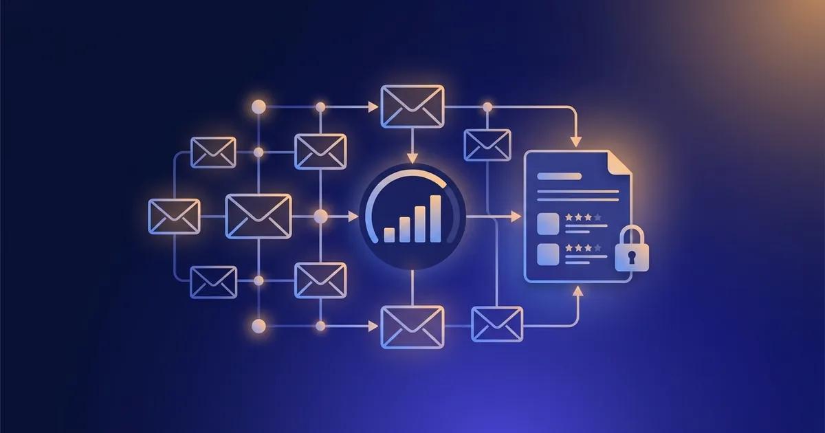 A performance review draft with a cross-functional reach signal connected to email header fields — subject, from, to, date — while message bodies are shown crossed out as never read.