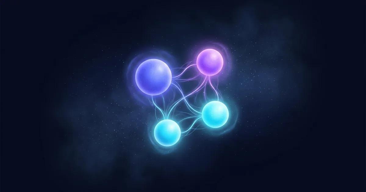 Editorial illustration of a small group of five abstract figures gathered around a single open laptop, in intimate scale and soft warm light.
