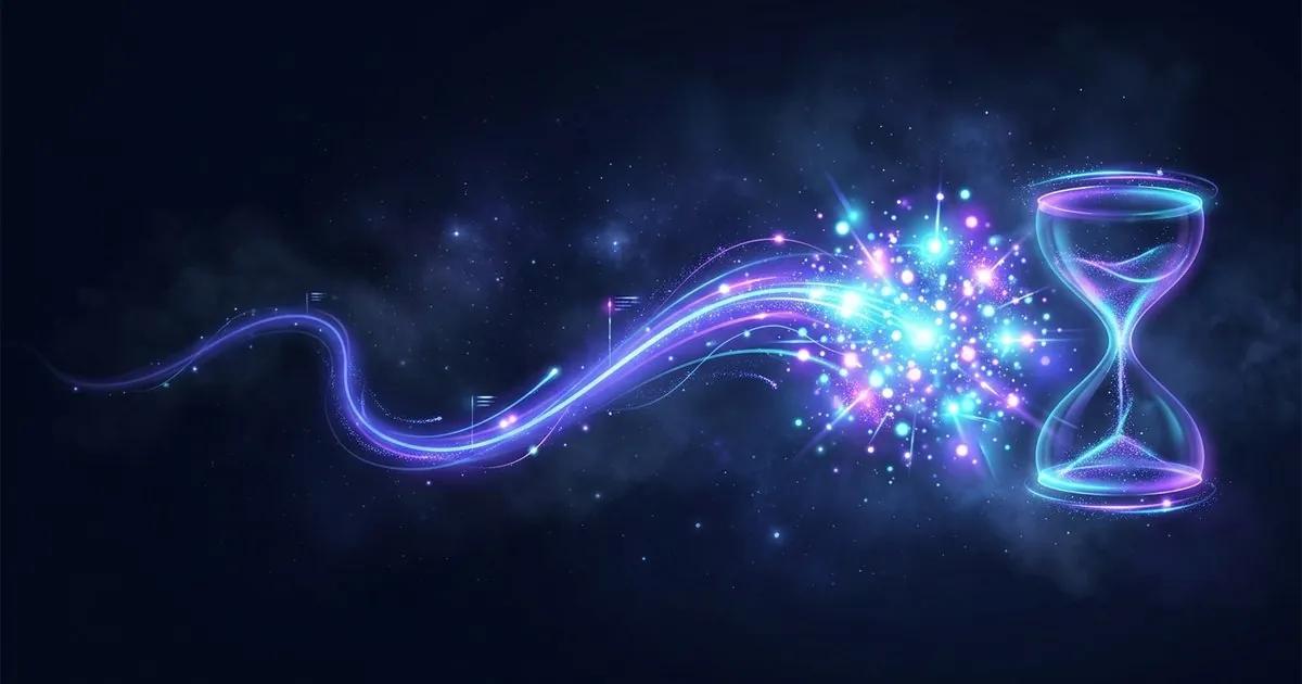 Editorial illustration of a calendar timeline laid across a desk where the last month is illuminated by a beam of light and earlier months sit in soft shadow.