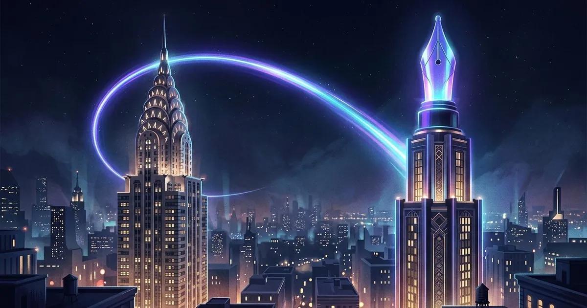 Editorial illustration of two contrasting building icons, a tall corporate platform tower and a precise writing-nib tower, connected by a soft golden arc.