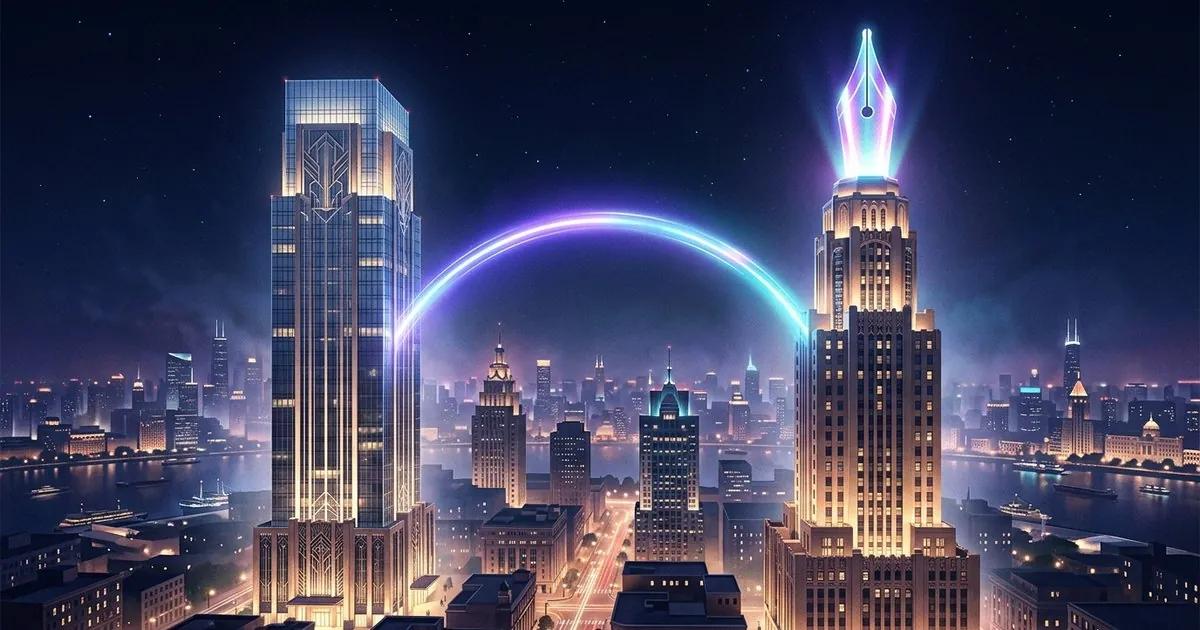 Editorial illustration of two contrasting tower icons, a broad all-in-one people platform and a precise writing-nib tower, connected by a soft luminous arc.