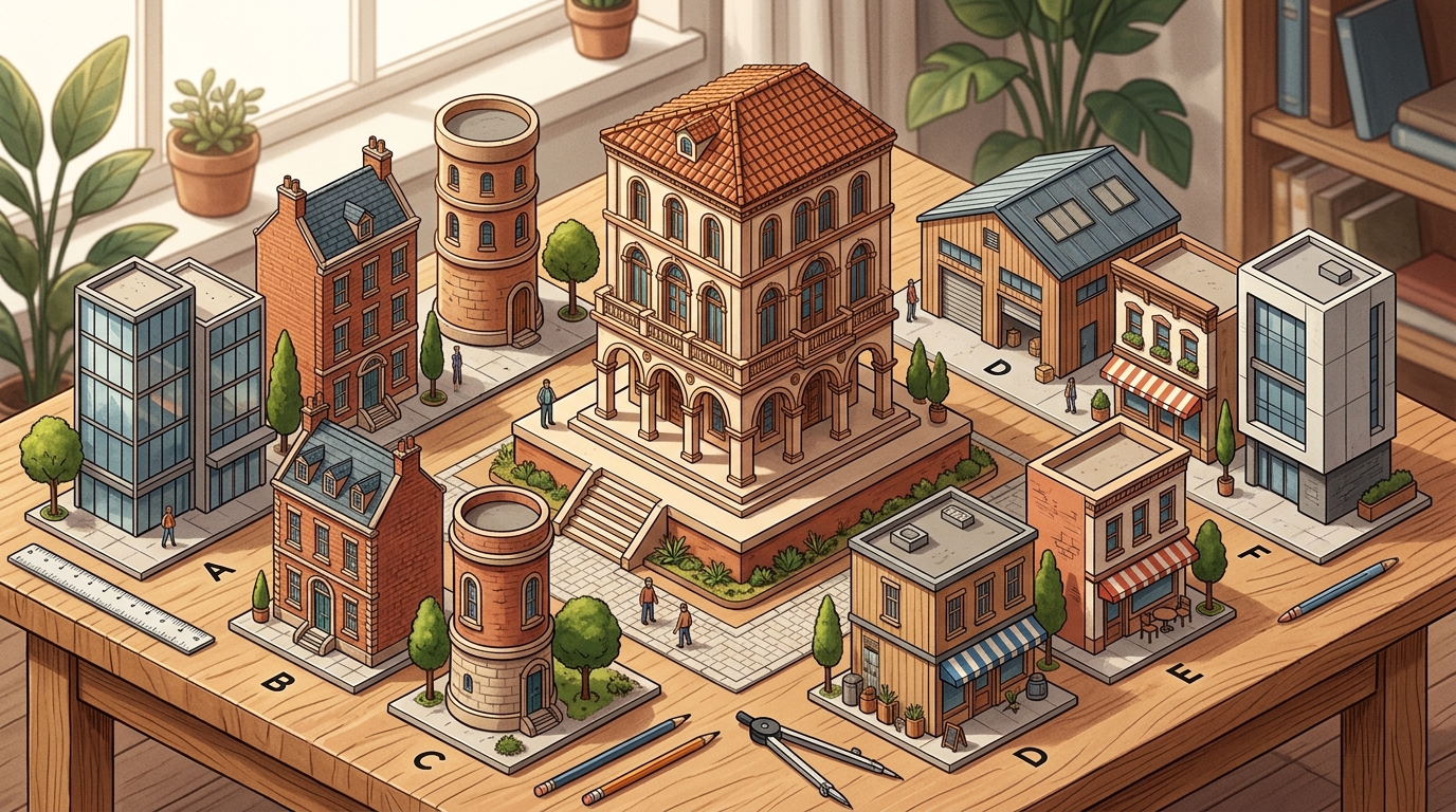 Editorial isometric illustration of several small architectural building facades representing different software platforms arranged on a desk like a model city.