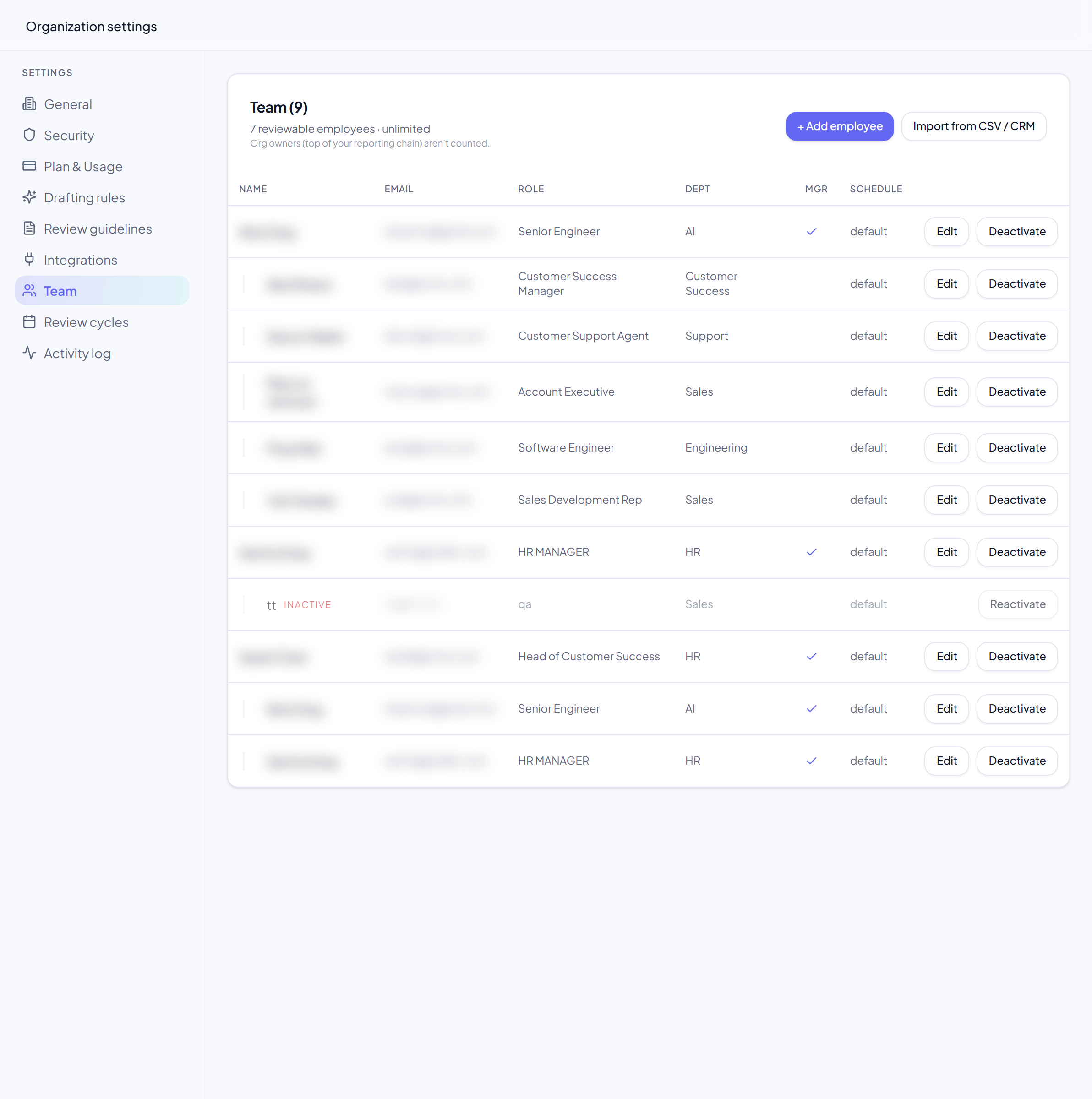 The Team tab in PerfCopilot Settings, showing the employee importer with CSV upload.