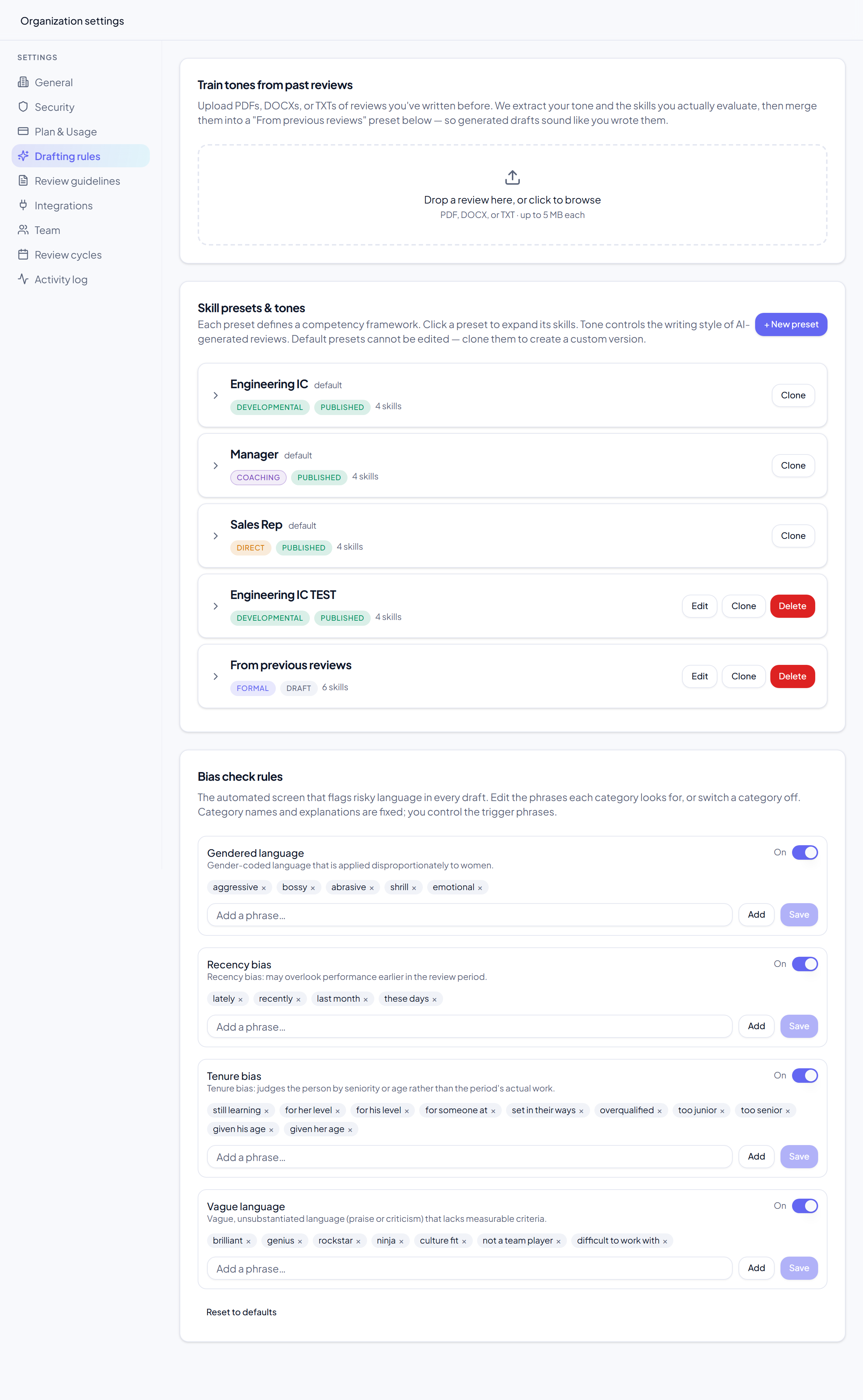 The Drafting rules tab with the review-samples uploader for tone training.
