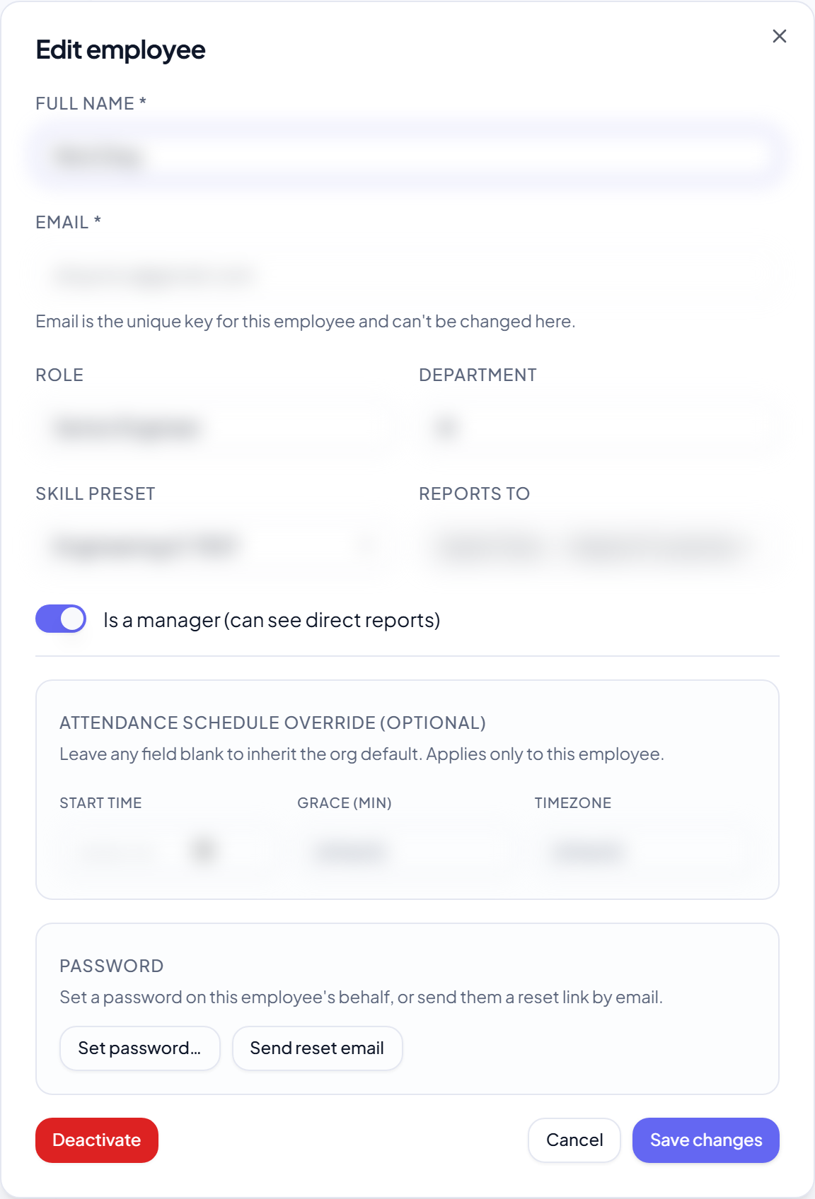 The employee edit modal with the Skill preset dropdown.