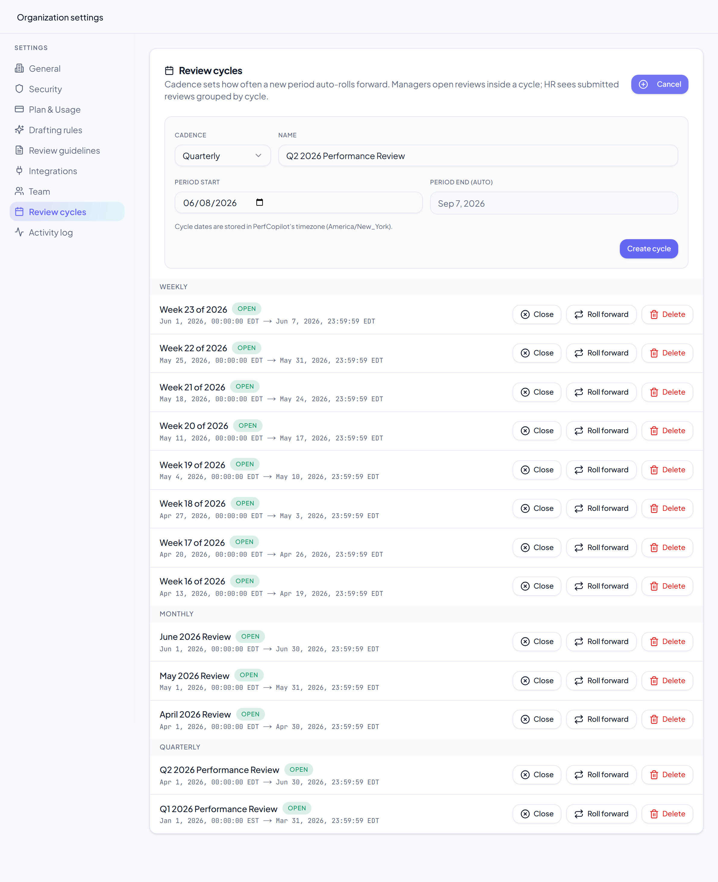 The new review cycle form, choosing cadence and date window.