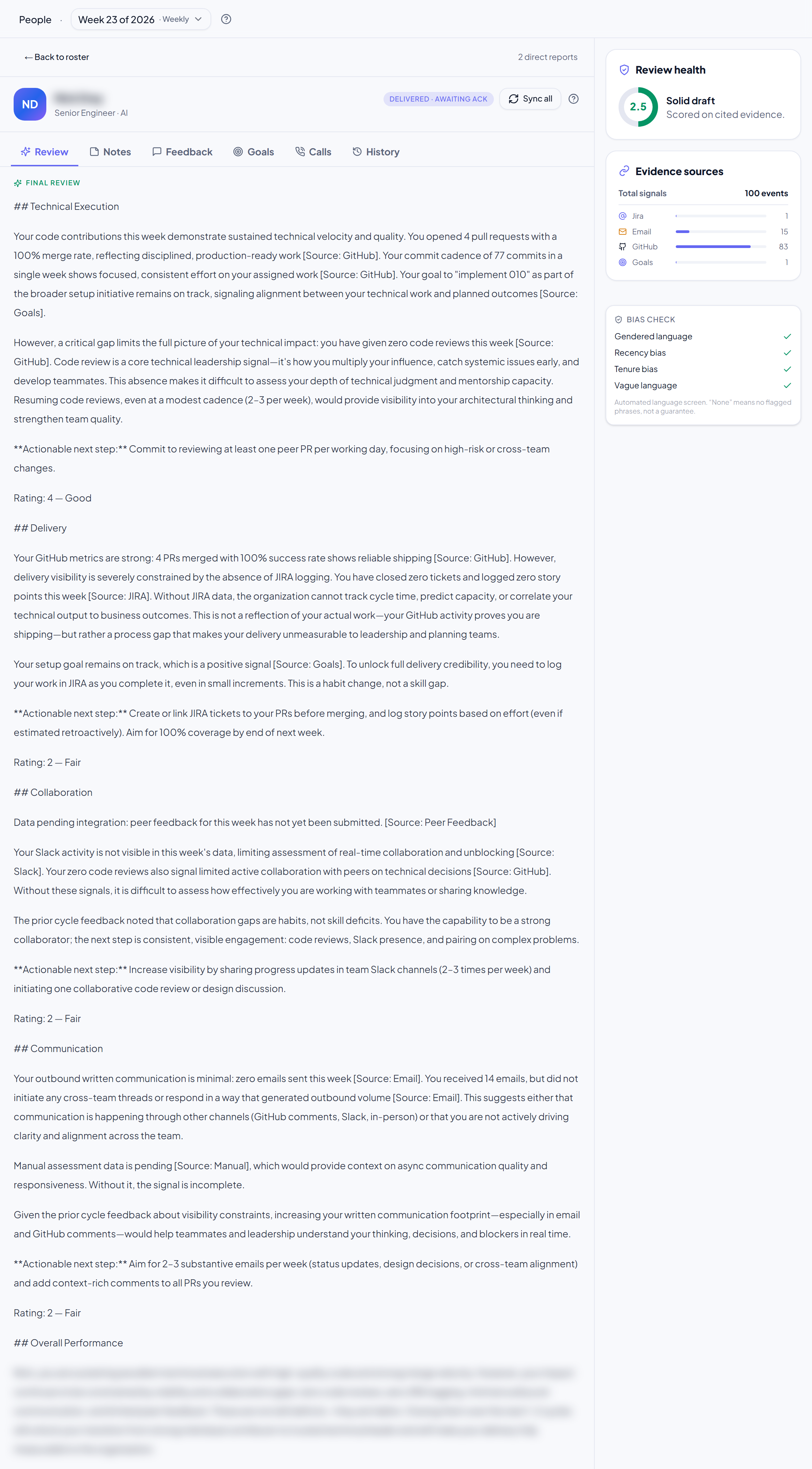 The Review tab with the Generate draft button and a cited draft.