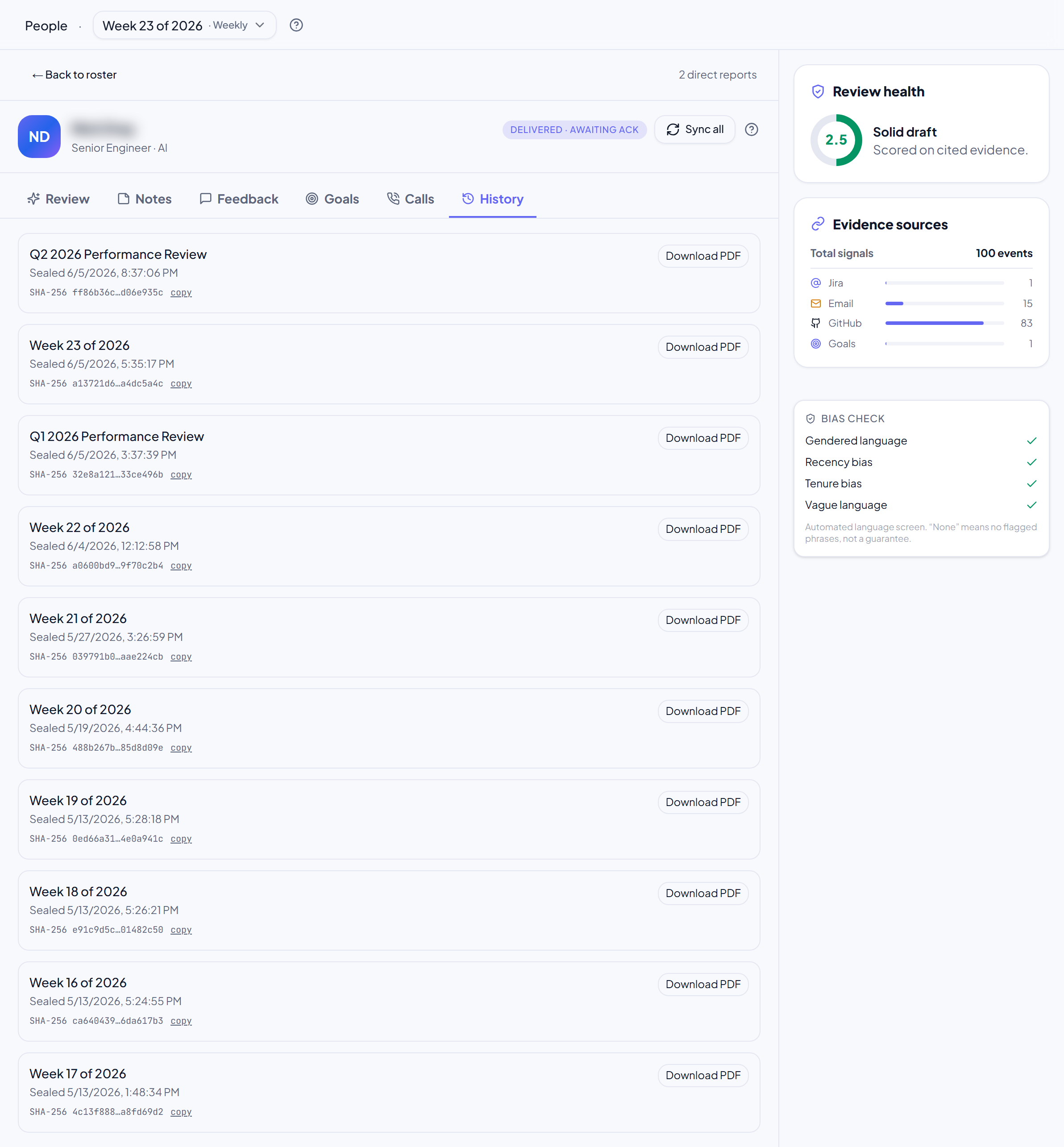 The Review tab showing the Submit to HR action and delivered state.