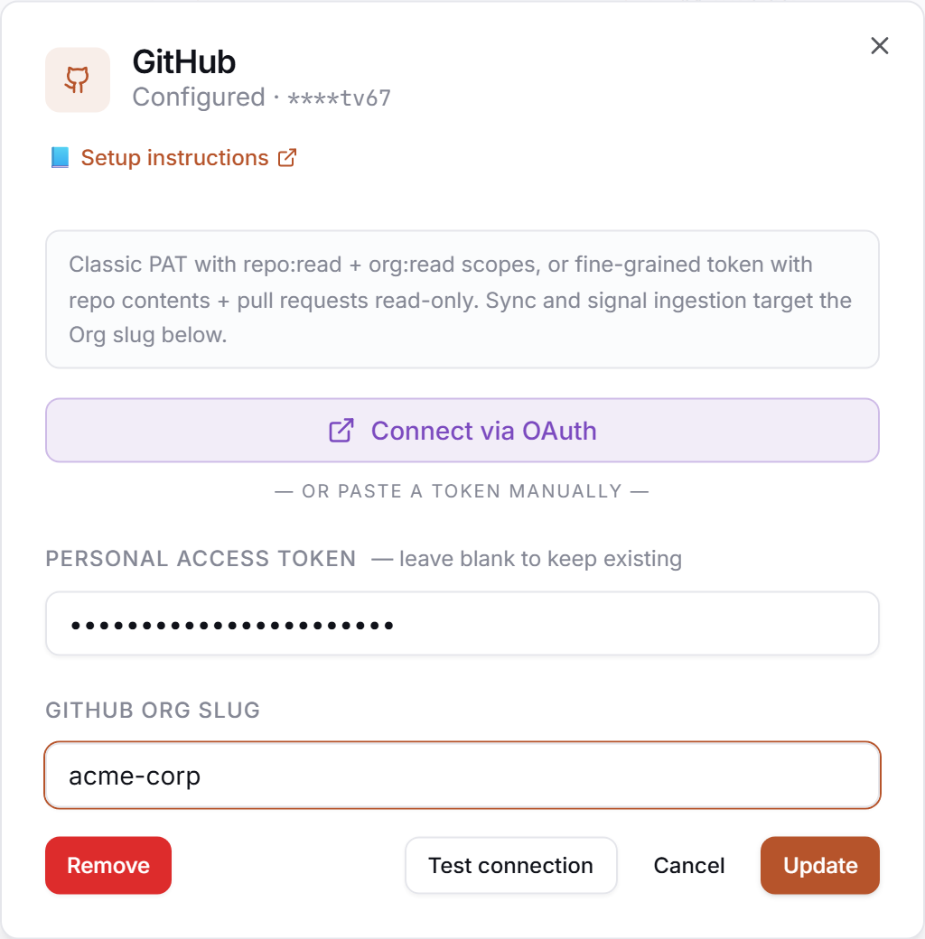 The GitHub credential drawer in PerfCopilot — paste your values, then click Save.