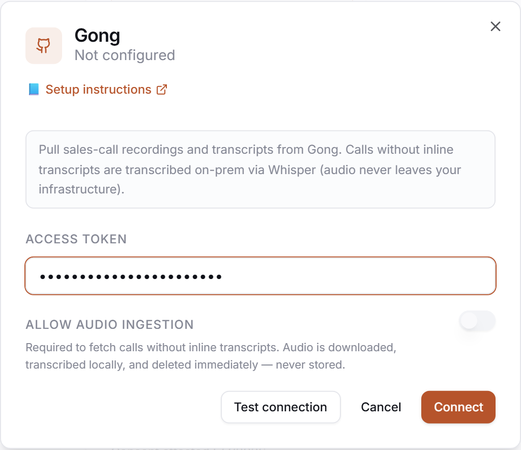 The Gong credential drawer in PerfCopilot — paste your values, then click Save.