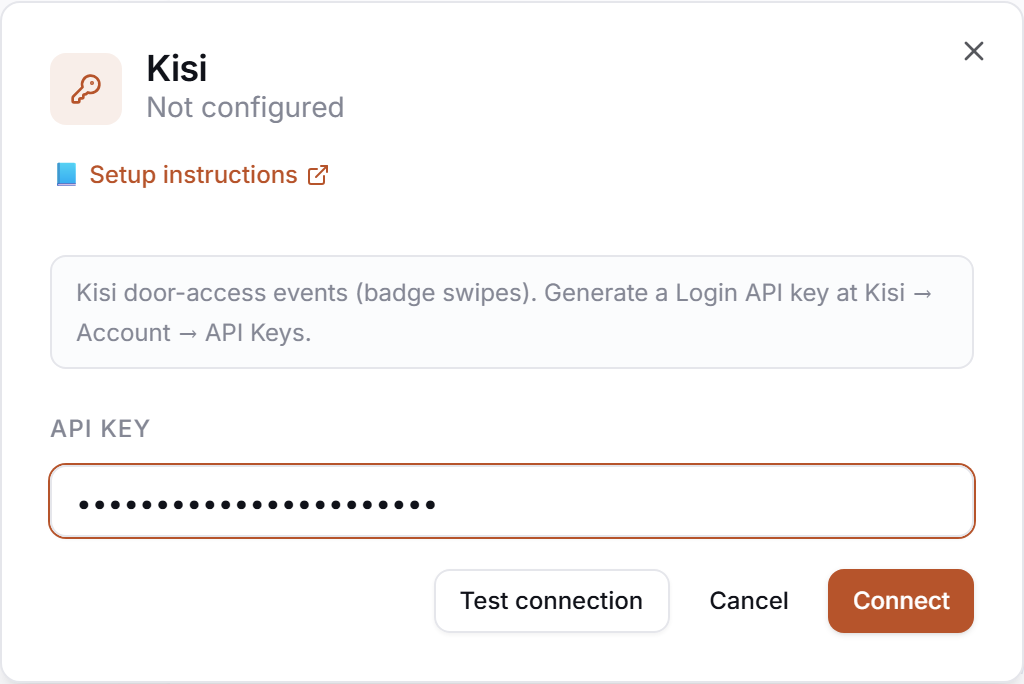 The Kisi credential drawer in PerfCopilot — paste your values, then click Save.