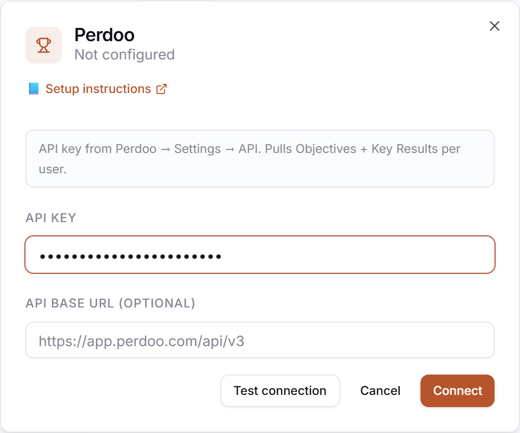 The Perdoo credential drawer in PerfCopilot — paste your values, then click Save.