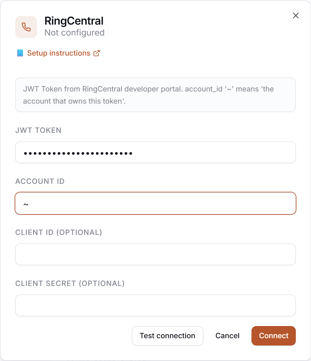 The RingCentral credential drawer in PerfCopilot — paste your values, then click Save.
