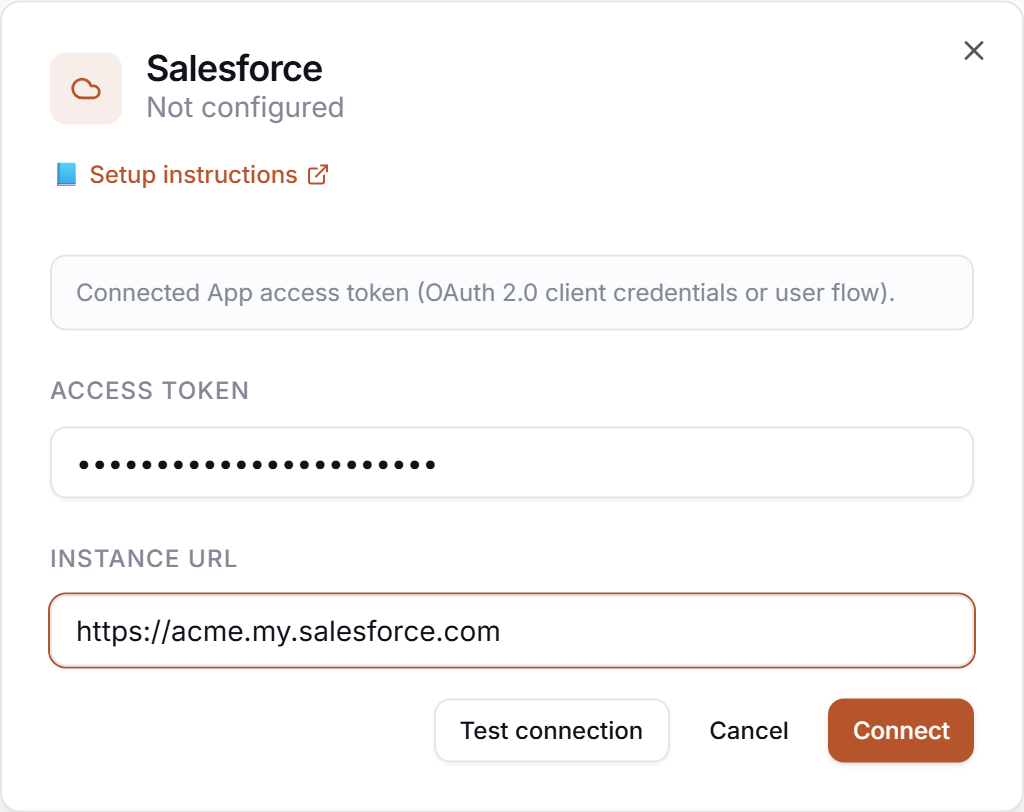 The Salesforce credential drawer in PerfCopilot — paste your values, then click Save.