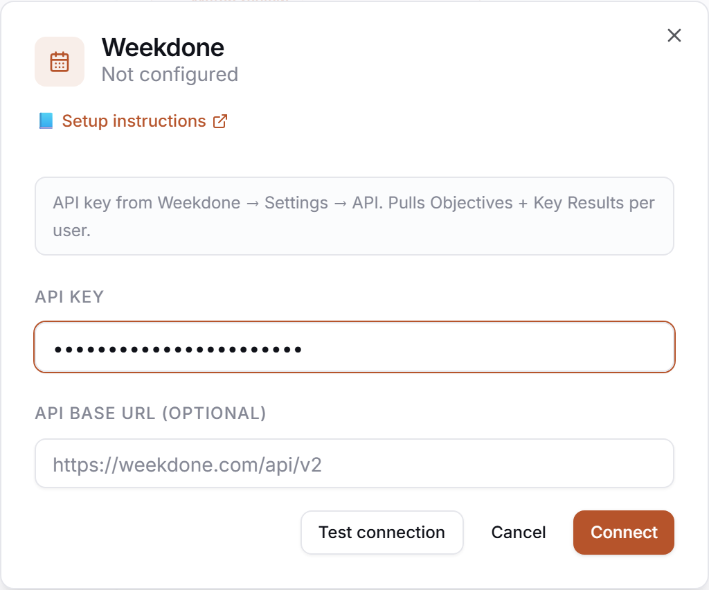 The Weekdone credential drawer in PerfCopilot — paste your values, then click Save.
