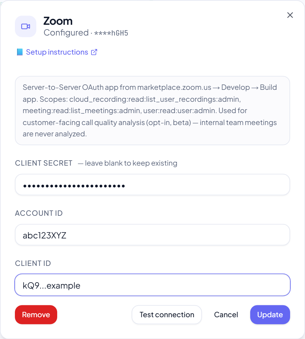 The Zoom credential drawer in PerfCopilot. Paste your values, then click Save.